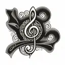 write the word 'Synchronicity',  hand-written, the letter 'S' as a reversed treble clef, design in a calligraphy style tattoo design idea