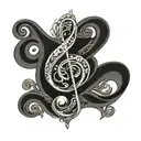 write the word 'Synchronicity',  hand-written, the letter 'S' as a reversed treble clef, design in a calligraphy style tattoo design idea