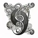word 'Synchronicity',  hand-written, the letter 'S' as a reversed treble clef, design in a calligraphy style, fine line tattoo design idea