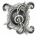 word 'Synchronicity',  hand-written, the letter 'S' as a reversed treble clef, design in a calligraphy style, fine line tattoo design idea