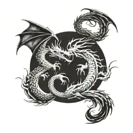 twin dragons flying together representing duality of personality and strength and resilience and balance tattoo design idea