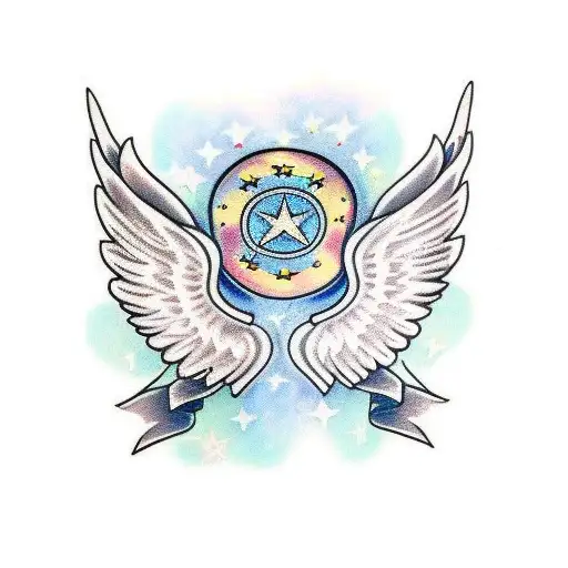 two angel wings on arm with stars tattoo design idea