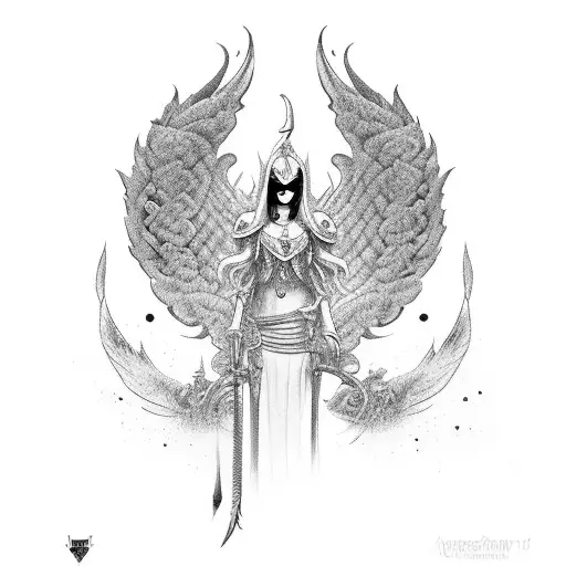 anjo renegado lutando com espada flamejante tattoo design idea