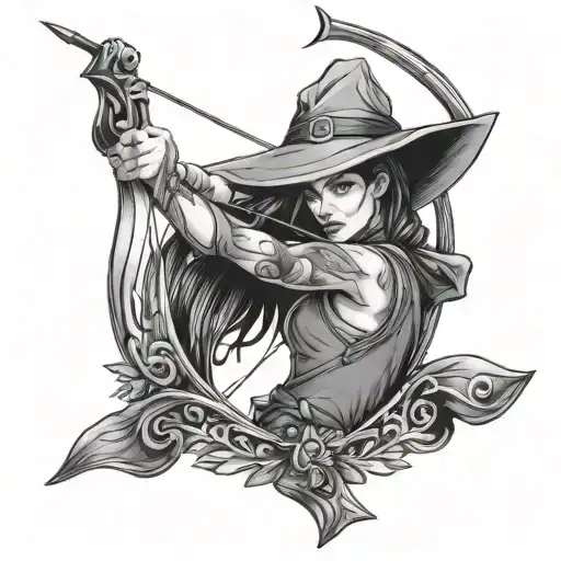 female archer with a witch hat drawing her bow back tattoo design idea