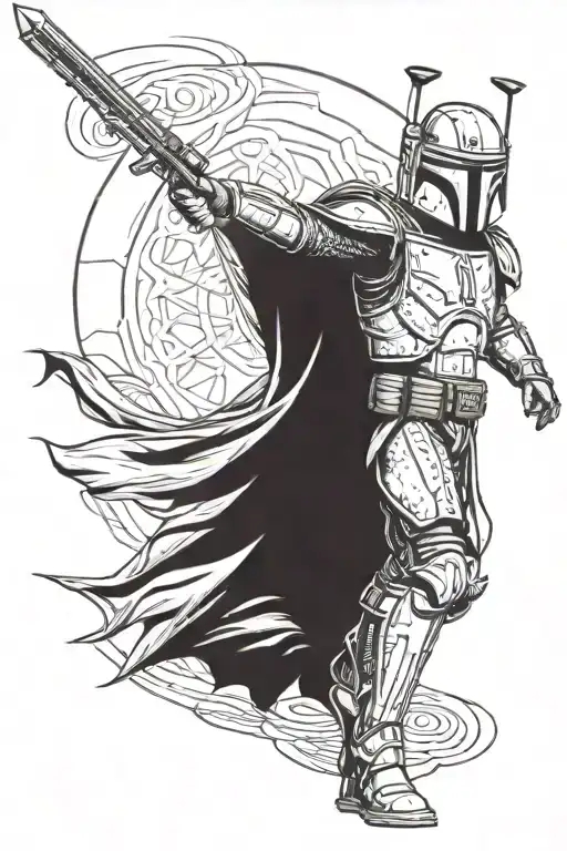 boba fett as a samurai warrior standing tattoo design idea