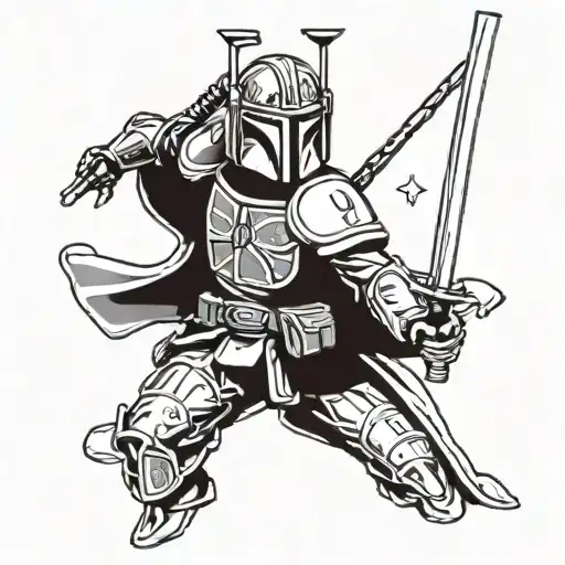 boba fett as a samurai warrior standing tattoo design idea