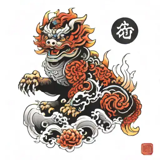 create a colorful Foo Dog Around Black smoke and a red sun tattoo design idea