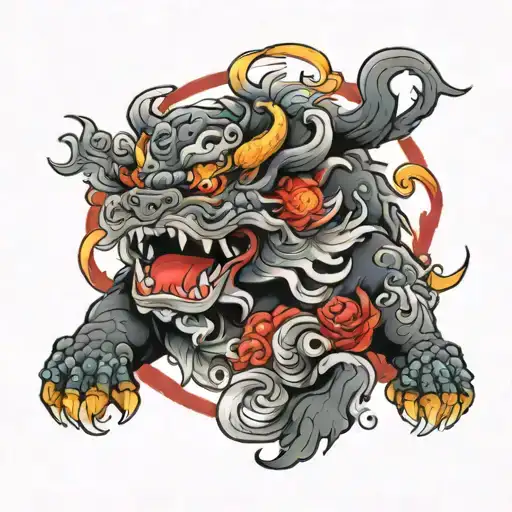 create a colorful Foo Dog Around Black smoke and a red sun tattoo design idea