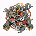 create a colorful Foo Dog Around Black smoke and a red sun tattoo design idea