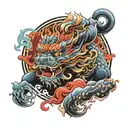 create a colorful Foo Dog Around Black smoke and a red sun tattoo design idea
