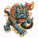 create a colorful Foo Dog Around Black smoke and a red sun tattoo design idea