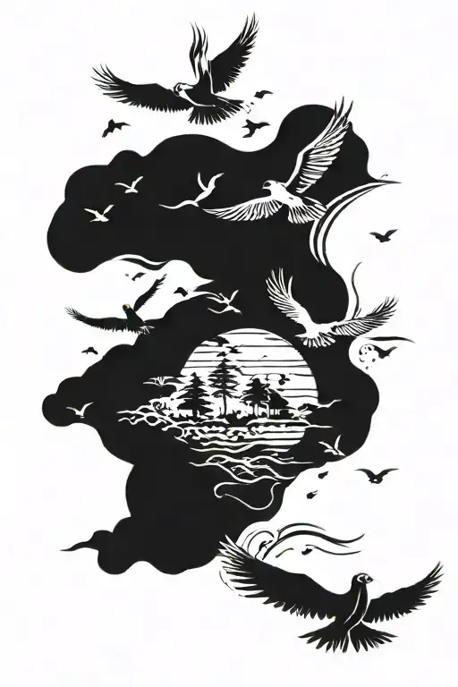 Norfolk Pines and Sea Birds flying tattoo design idea