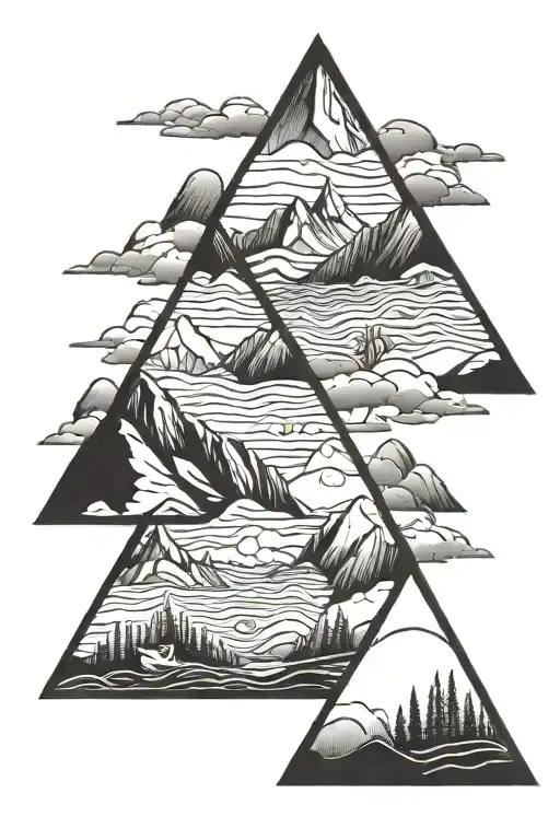 mountains and ocean triangle outline intertwined tattoo design idea