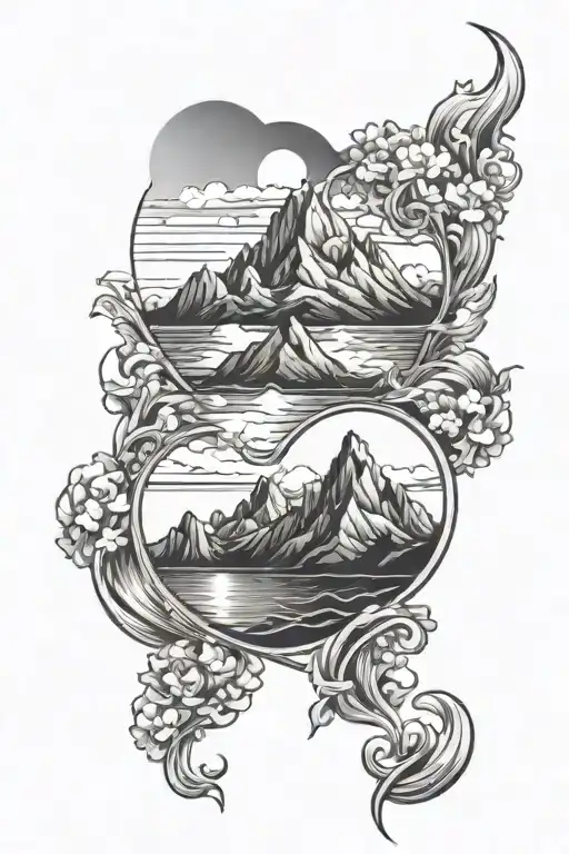 mountains and ocean scene tattoo design idea