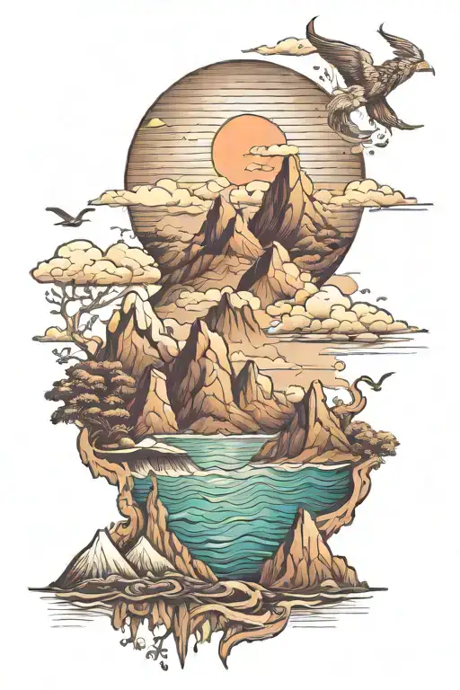 mountains and ocean scene tattoo design idea