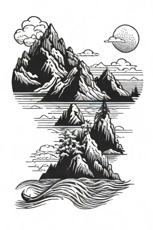 mountains and ocean scene tattoo design idea