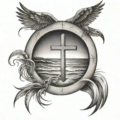 CERCLE AVEC UNE PLAGE DE SABLE AVEC UNE CROIX CHRETIENNE. AU DESSUS DE CE CERCLE IL YA DES AILES D'ANGE tattoo design idea