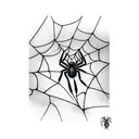 Spider web on the knee that a spider is walking on and Spiderman is hanging from it tattoo design idea