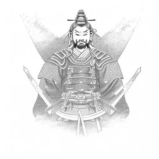 A samurai warrior meditating in a temple with dragon motifs in dotwork style tattoo design idea