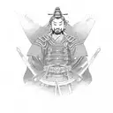A samurai warrior meditating in a temple with dragon motifs in dotwork style tattoo design idea