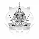 A samurai warrior meditating in a temple with dragon motifs in dotwork style tattoo design idea