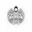 A samurai warrior meditating in a temple with dragon motifs in dotwork style tattoo design idea