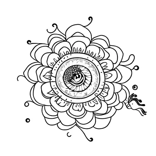 fine line sunflower with a japanese dragon around it. And a small butterfly  tattoo design idea