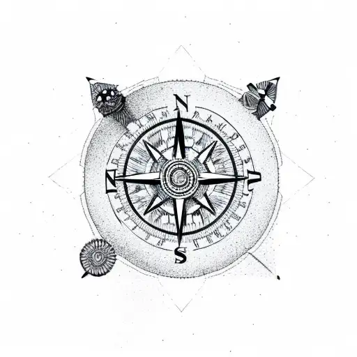 Mountain with compass horizontal  tattoo design idea