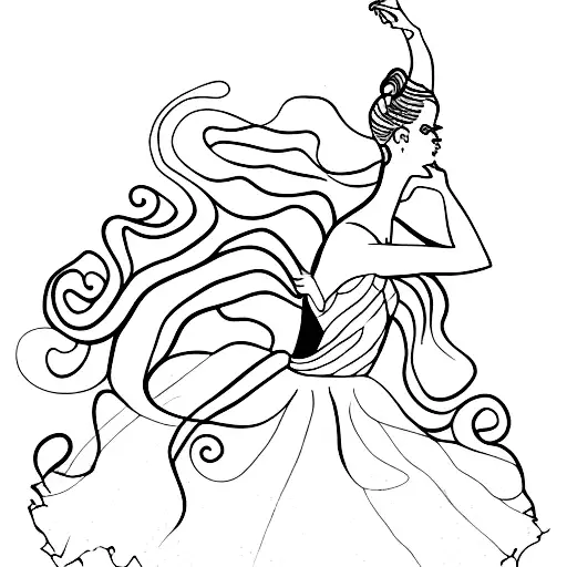 silhouette of a ballerina with curly hair and dresses tattoo design idea