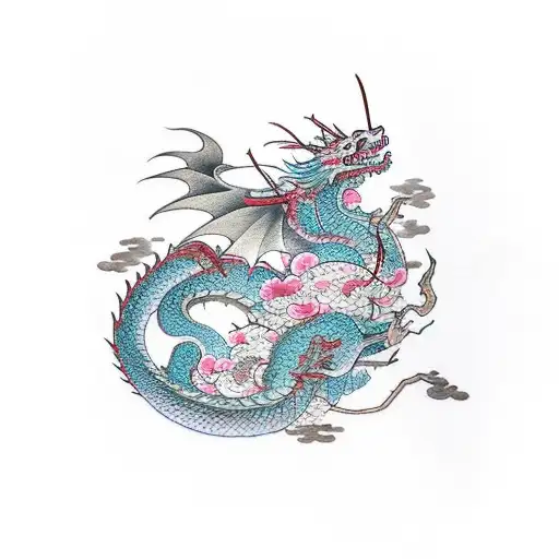 Dragon with a samurai and cherry blossom tree tattoo design idea