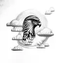 hawk coming out of clouds with a cross in clouds and snake in talons tattoo design idea