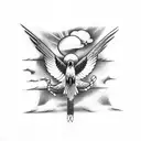 hawk coming out of clouds with a cross in clouds and snake in talons tattoo design idea