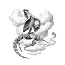 hawk coming out of clouds with a cross in clouds and snake in talons tattoo design idea