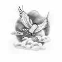 hawk coming out of clouds with a cross in clouds and snake in talons tattoo design idea