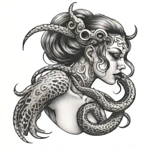 demon girl with snake wrapped around her neck  tattoo design idea
