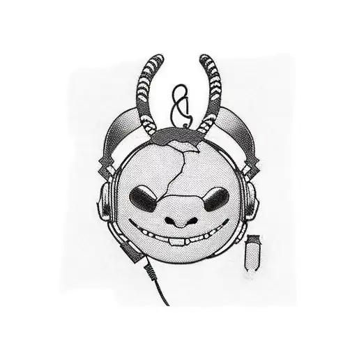 Tattoo with stitch, headphones with ear pads, rock music, trash polka, drawing, --no pens, pencils, brushes, table, body tattoo design idea