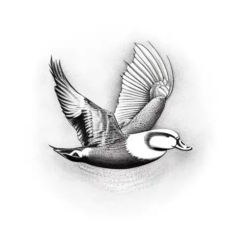 A realistic portrait of a swimming duck with an eagle flying above it tattoo design idea
