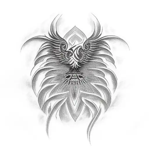 A camera lens morphing into a tribal phoenix tattoo design idea