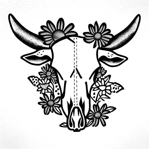 cow skull with marigold flowers tattoo design idea