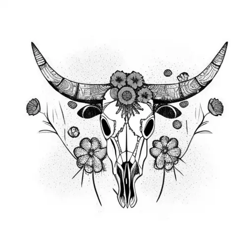 cow skull with marigold flowers tattoo design idea