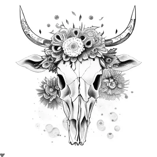 cow skull with marigold flowers tattoo design idea