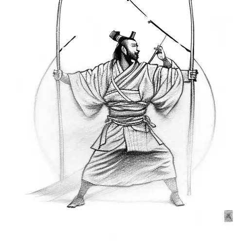 the spirit of a samurai drawing a bow in the air and of a monk playing a flute, ghosts coming out of the flute rising   tattoo design idea