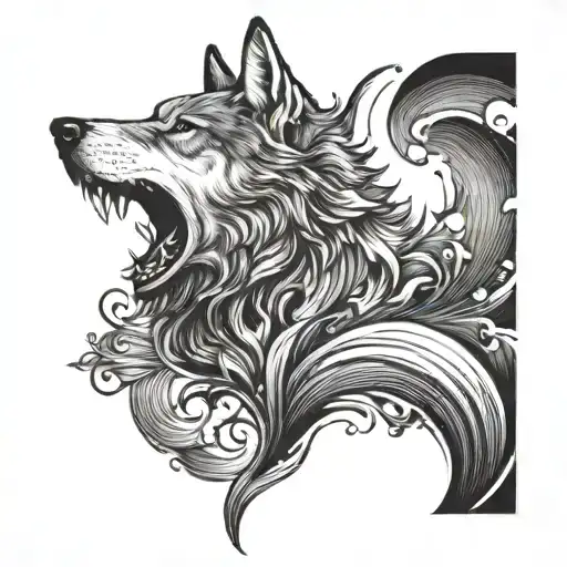 wolf head behind stormy waves tattoo design idea