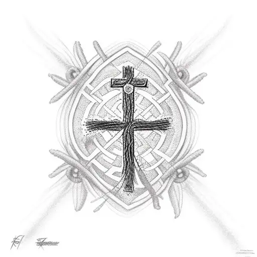 cross surrounded by cat tails  tattoo design idea