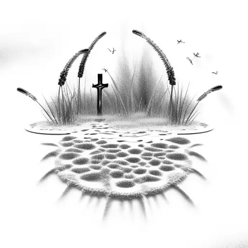 cross surrounded by cat tails and a pond  tattoo design idea