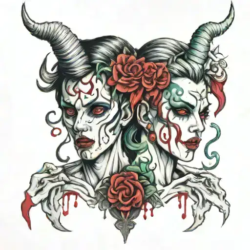 gemini twins with my face on it on the left is evil with blood oozing out the eyes, horns, and a long tongue coming out  tattoo design idea