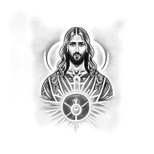full sleeve with jesus face , tattoo design idea