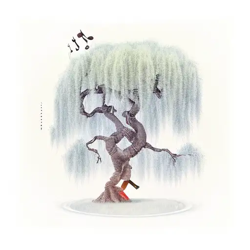An ancient willow tree with musical notes as leaves tattoo design idea