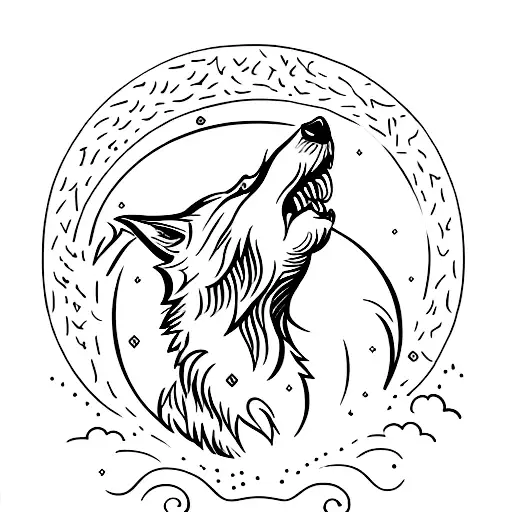 A wolf howling at the moon with the word 'liberdade' in elegant typography tattoo design idea