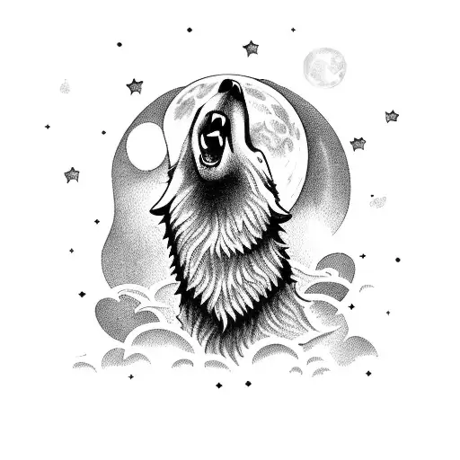 A wolf howling at the moon with the word 'liberdade' in elegant typography tattoo design idea